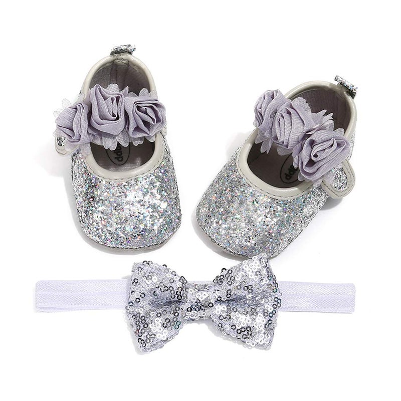 OAISNIT Baby Girl Mary Jane Flats Sparkly Soft Infant Princess Dress Crib Shoes with Headband - Image 1